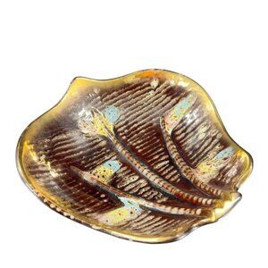 W Germany Pottery Leaf Shaped Dish Centerpiece Decor Vintage Gold Edges Marked